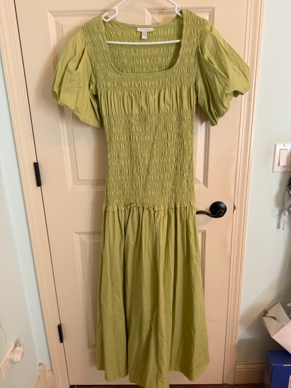 Topshop Green Smocked Midi Dress with Puff Sleeves